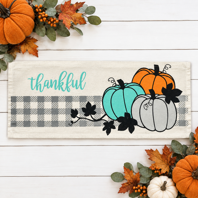 PANEL ONLY: RECTANGLE for throw pillow Autumn Thanksgiving Pumpkins Cider Bless Gratitude Gingham THANKFUL PUMPKIN