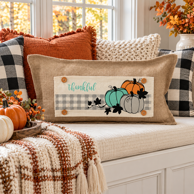 PANEL ONLY: RECTANGLE for throw pillow Autumn Thanksgiving Pumpkins Cider Bless Gratitude Gingham THANKFUL PUMPKIN