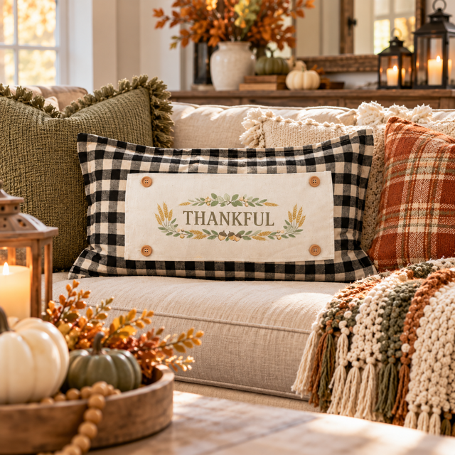 NEW!  PANEL ONLY:  Fall Autumn wheat acorns berries Thanksgiving; THANKFUL