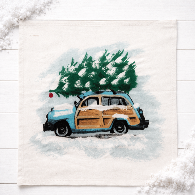 PANEL ONLY: SQUARE Christmas Griswald Family Tradition Tree Cutting Snow Scene Winter Wonderland for throw pillow; VINTAGE STATION WAGON