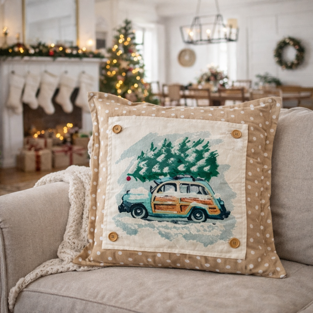 PANEL ONLY: SQUARE Christmas Griswald Family Tradition Tree Cutting Snow Scene Winter Wonderland for throw pillow; VINTAGE STATION WAGON