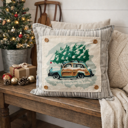 PANEL ONLY: SQUARE Christmas Griswald Family Tradition Tree Cutting Snow Scene Winter Wonderland for throw pillow; VINTAGE STATION WAGON