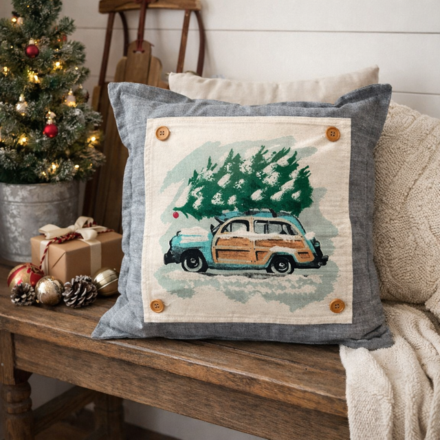 PANEL ONLY: SQUARE Christmas Griswald Family Tradition Tree Cutting Snow Scene Winter Wonderland for throw pillow; VINTAGE STATION WAGON