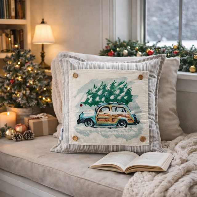 PANEL ONLY: SQUARE Christmas Griswald Family Tradition Tree Cutting Snow Scene Winter Wonderland for throw pillow; VINTAGE STATION WAGON