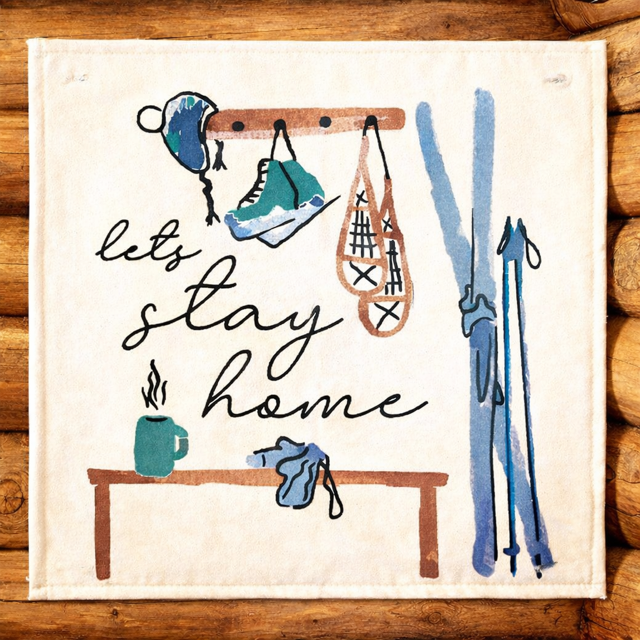 SQUARE Holiday Panel: Christmas Family Winter Tradition Hot Cocoa Snow Wonderland Iceskates Snow Skis Beanie Hat Snow Shoes Ski Poles  Entryway SKI BENCH