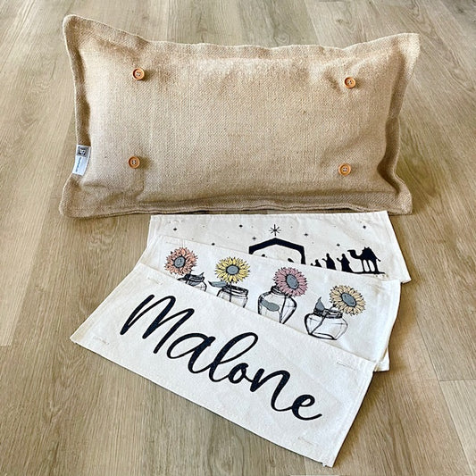 NEW! Custom Fall Wedding Gift Bundle:  2 seasons + BURLAP pillow + custom last name panel: SUNFLOWER JARS, NATIVITY, CUSTOM LAST NAME PANEL