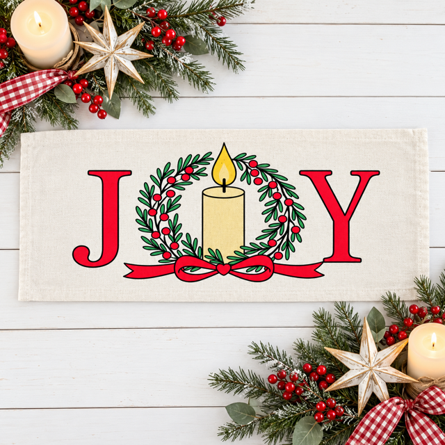NEW! PANEL ONLY: RECTANGLE Winter; Vintage Christmas, Santa, Pine Wreath, Holly Berries; JOY WREATH
