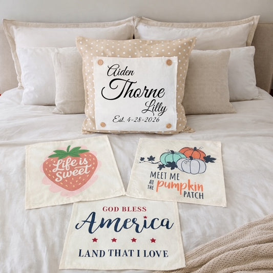 NEW! SQUARE SUMMER/FALL WEDDING BUNDLE:  3 seasons +TAN POLKA DOT pillow: STRAWBERRY ICE CREAM, LAND THAT I LOVE, PUMPKIN PATCH, CUSTOM PANEL