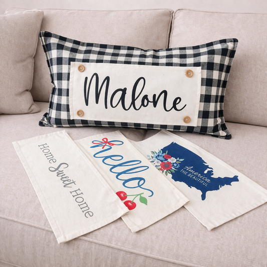NEW! RECTANGLE SUMMER/FALL WEDDING BUNDLE:  3 seasons + BUFFALOW CHECK pillow:  HELLO CHERRY, USA MAP, HOME SWEET HOME, CUSTOM PANEL