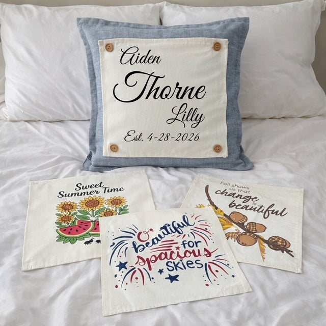 NEW! SQUARE SUMMER/FALL WEDDING BUNDLE:  3 seasons + CHARCOAL pillow: SWEET SUMMER TIME, SPACIOUS SKIES, ACORN BRANCH, CUSTOM PANEL