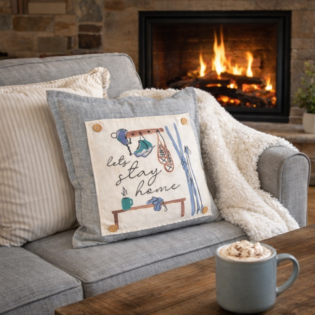 SQUARE Holiday Panel: Christmas Family Winter Tradition Hot Cocoa Snow Wonderland Iceskates Snow Skis Beanie Hat Snow Shoes Ski Poles  Entryway SKI BENCH