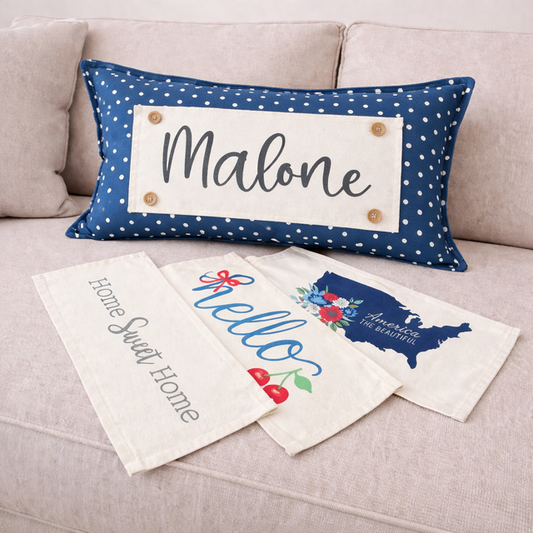 NEW! RECTANGLE SUMMER/FALL WEDDING BUNDLE:  3 seasons +BLUE POLKA DOT pillow:  HELLO CHERRY, USA MAP, HOME SWEET HOME, CUSTOM PANEL