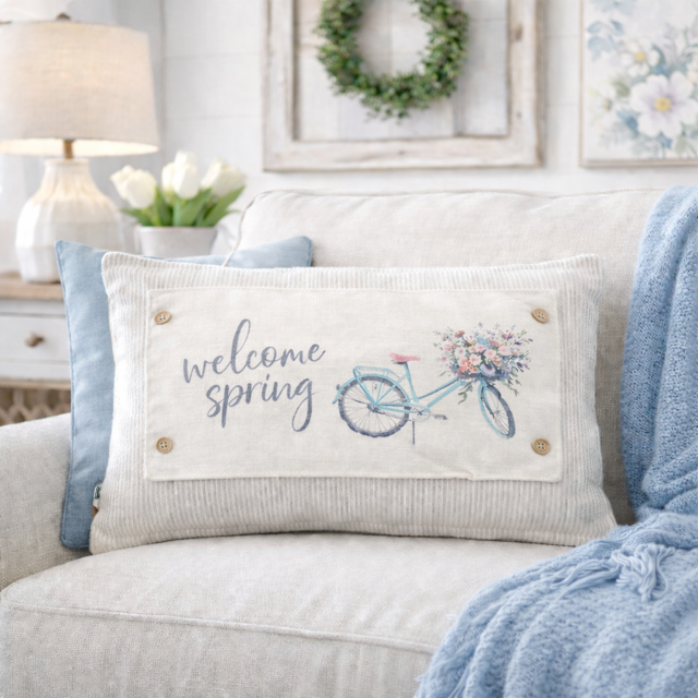 PANEL ONLY: RECTANGLE for throw pillow Flowers Tulips Vintage Old Floral SPRING BIKE