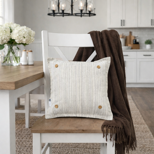 SQUARE Ticking Stripes Pillow;  CREAM/BLACK/TAN TICKING STRIPES PILLOW (with insert)