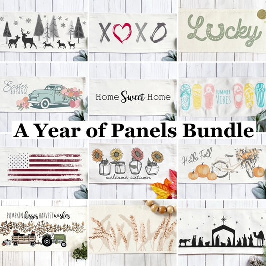 Bundle Deal: RECTANGLE Year of Panels Bundle (12 pack) SAVE!!!: DEER, XOXO, LUCKY, EASTER TRUCK, HOME SWEET HOME, FLIP FLOPS, OLD GLORY, SUNFLOWERS, FALL BIKE, TRACTOR, WHEAT, NATIVITY