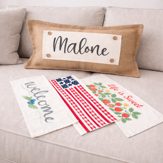 NEW! RECTANGLE SUMMER/FALL WEDDING BUNDLE:  3 seasons + BURLAP pillow:  LIFE IS SWEET, BARN QUILT, NEW WELCOME, CUSTOM PANEL