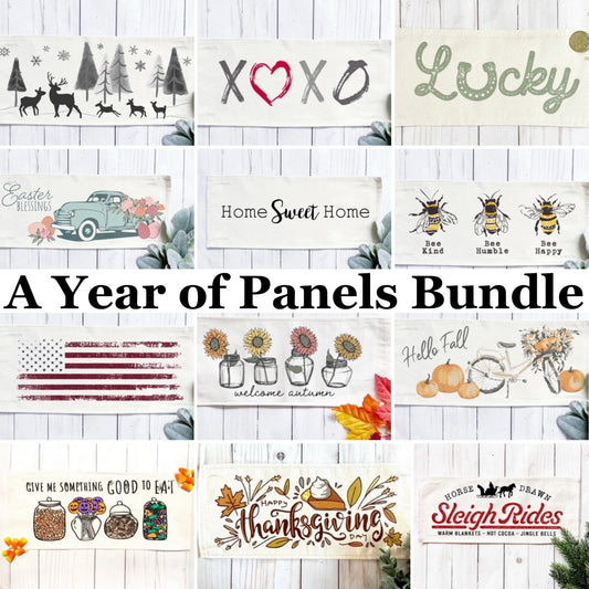 Bundle Deal: RECTANGLE Year of Panels Bundle (12 pack) SAVE!!!: DEER, XOXO, LUCKY, EASTER TRUCK, HOME SWEET HOME, FLIP FLOPS, OLD GLORY, SUNFLOWERS, FALL BIKE, TRACTOR, WHEAT, NATIVITY