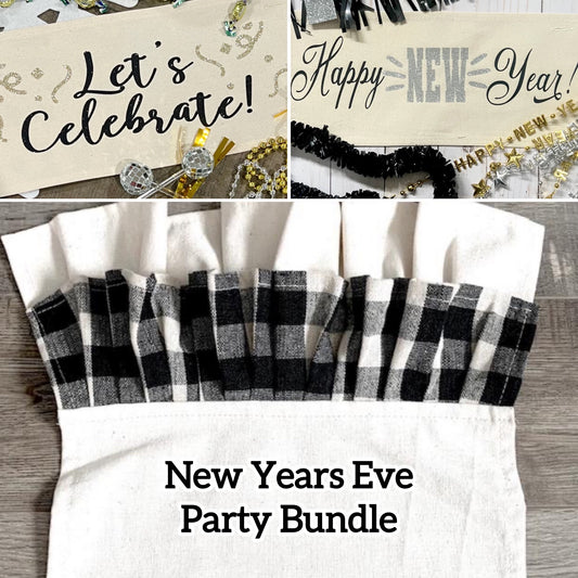 GIFT GUIDE:  FOR THOSE THAT COORDINATE THE PARTY!    GIFT PARTY PACKAGE BUNDLE: Holiday Pillow Cover Panel Winter: Runner Glitter Panel Combo LET'S CELEBRATE, HAPPY NEW YEAR + BUFFALO CHECK RUNNER