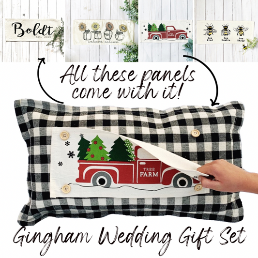 Custom Wedding Gift Bundle:  3 seasons + GINGHAM/BUFFALO CHECK pillow + custom last name panel: 3 BEES BEE KIND / SUNFLOWER JARS / VINTAGE CHRISTMAS TREE TRUCK