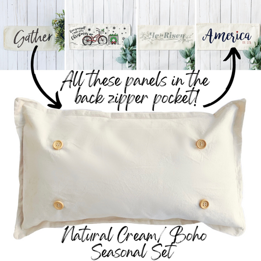 SEASONAL BUNDLE SET: Natural Cream Boho Pillow (comes with foam insert and these 4 panels in back pocket); Winter Spring Summer Fall Autumn: Gather, Christmas Bike, He is Risen, America est. 1776 off