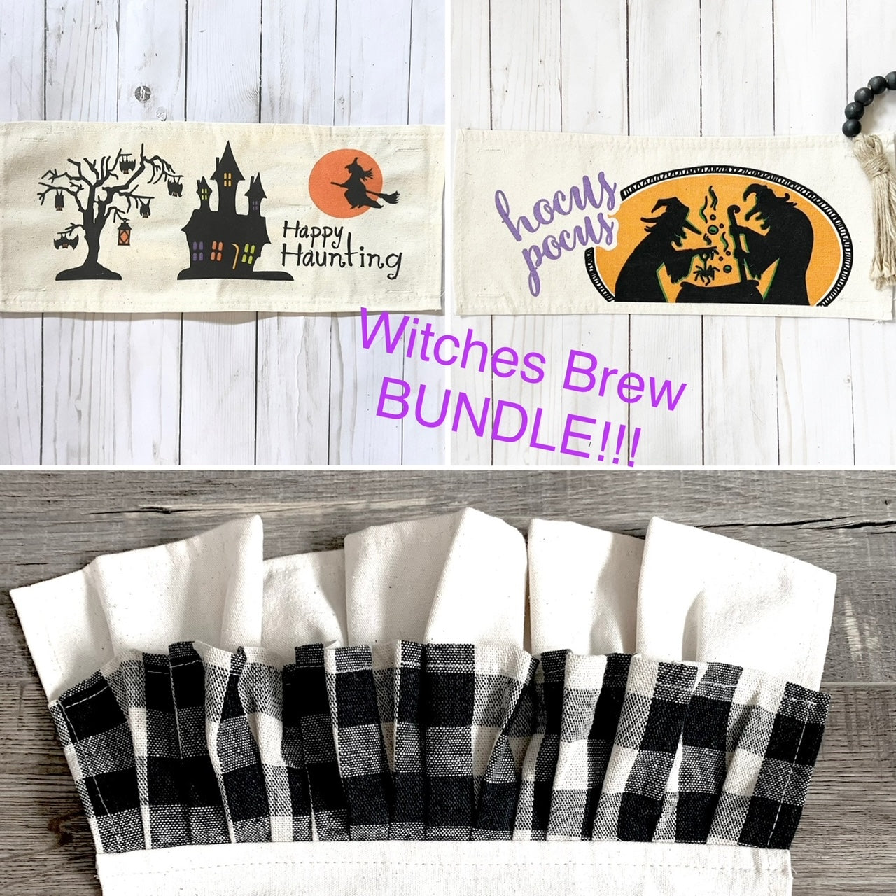 PARTY PACKAGE BUNDLE: Holiday Panel Halloween October Fall Autumn: Hocus Pocus HAPPY HAUNTING / WITCHES BREW + buffalo check runner