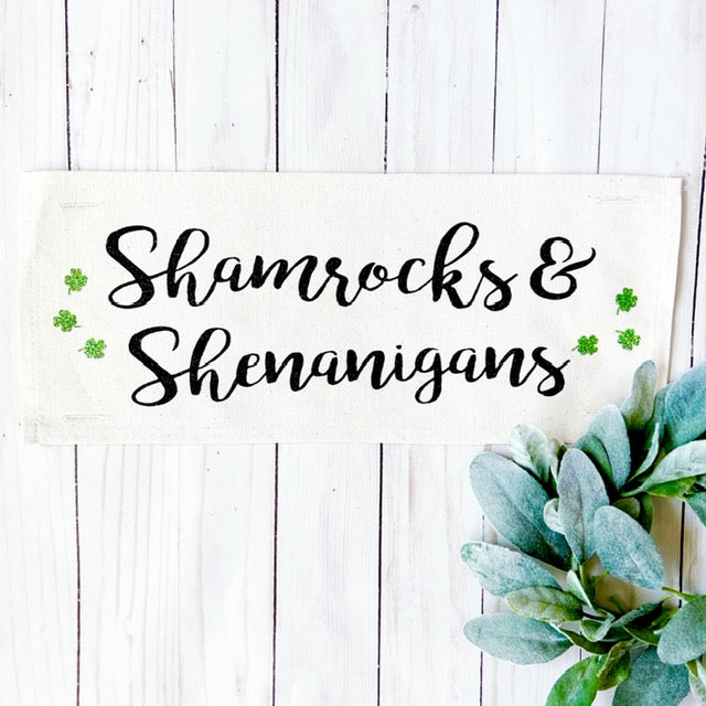 Glitter Holiday Panel: Shenanigans, Spring, March Word Green Shamrocks, St Saint Patricks Day Leprechauns SHENANIGANS