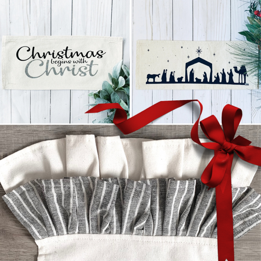 NEW!  GLITTER GIFT PARTY PACKAGE BUNDLE: Holiday Pillow Cover Panel Christmas Winter: Runner Combo GLITTER CHRISTMAS BEGINS WITH CHRIST / NATIVITY SILOUETTE + charcoal gray stripes runner