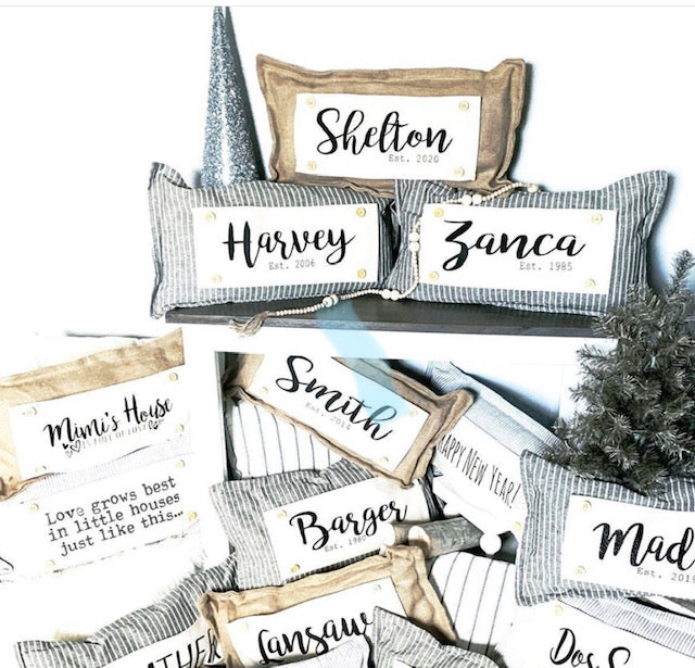 Custom Wedding Gift Bundle:  3 seasons + GINGHAM/BUFFALO CHECK pillow + custom last name panel: 3 BEES BEE KIND / SUNFLOWER JARS / VINTAGE CHRISTMAS TREE TRUCK