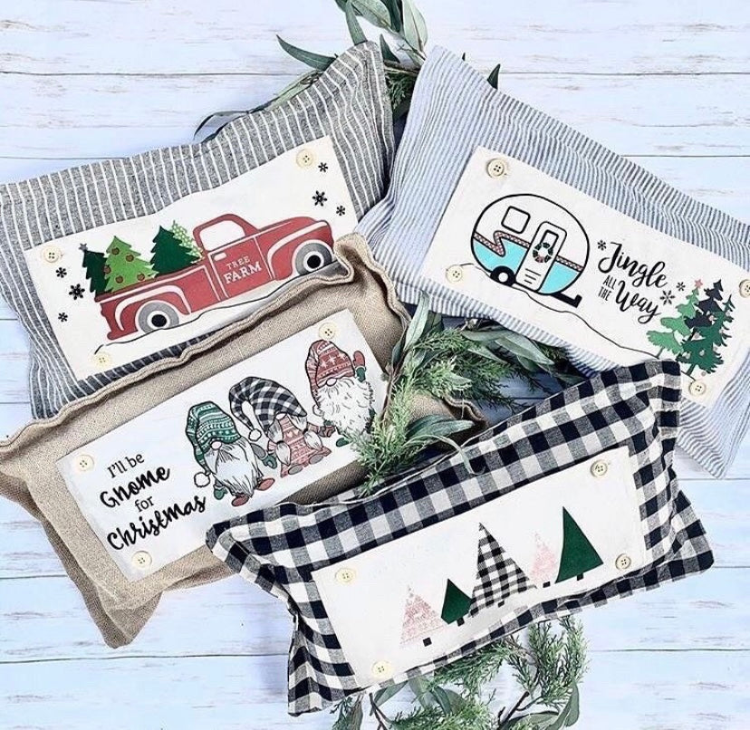 GIFT PARTY PACKAGE BUNDLE: Holiday Pillow Cover Panel Christmas Winter: Runner Combo VINTAGE RED TRUCK /CHRISTMAS CAMPER +buffalo check runner