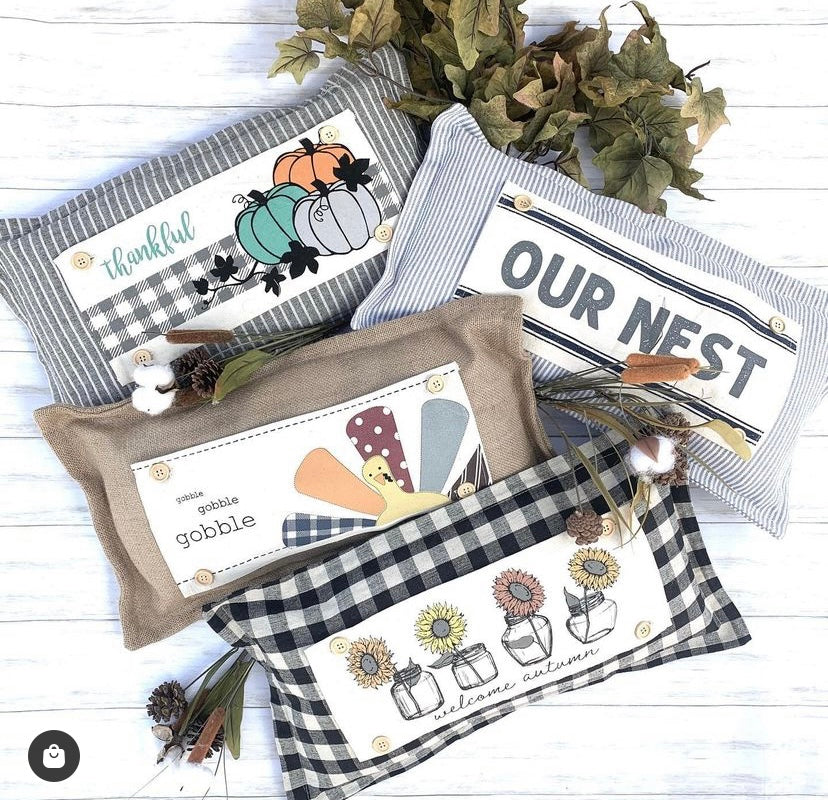 SEASONAL BUNDLE SET: Charcoal/Cream Stripes Pillow (comes with foam insert and these 4 panels in back pocket); Winter Spring Summer Fall Autumn: Thankful Pumpkins, Jack Frost Snowman, Farm Animals/Barn, America 1776